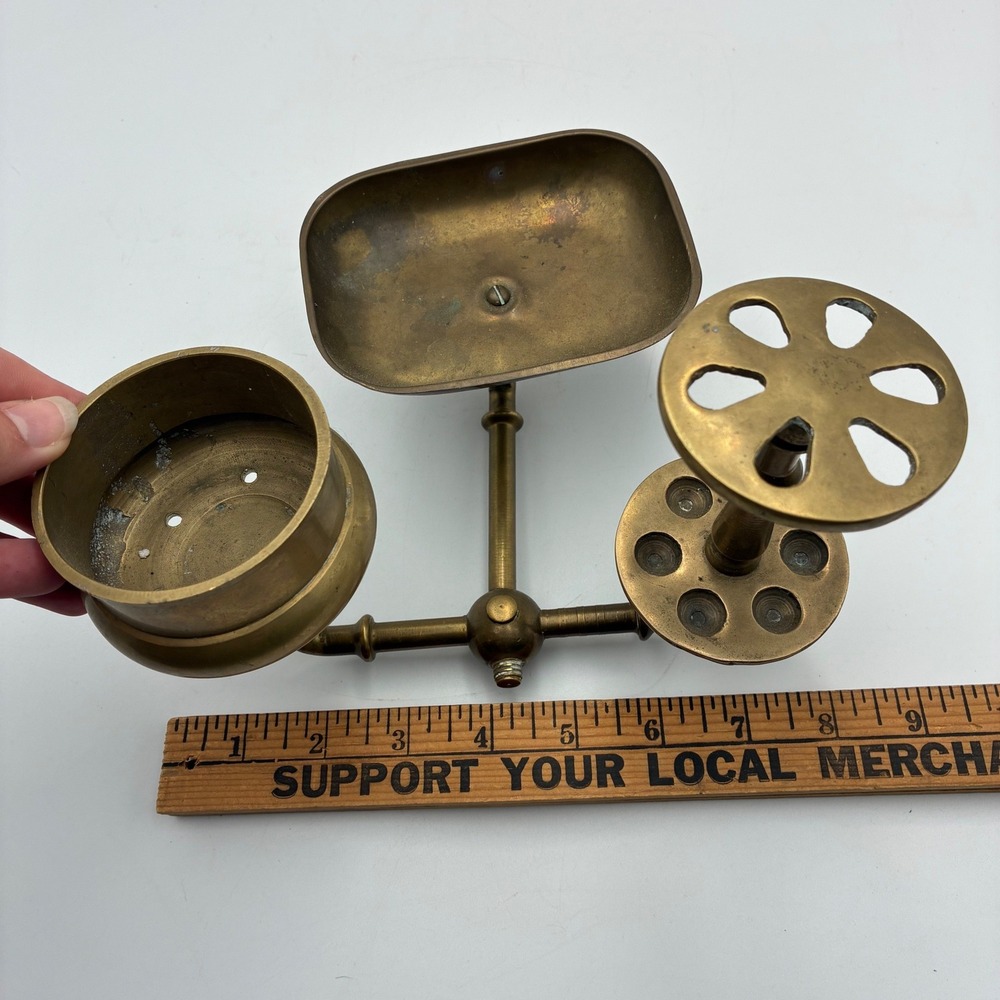 Vintage Solid Brass Wall Mount Bathroom Organizer Soap Dish Toothbrush Holder - Picture 6 of 8